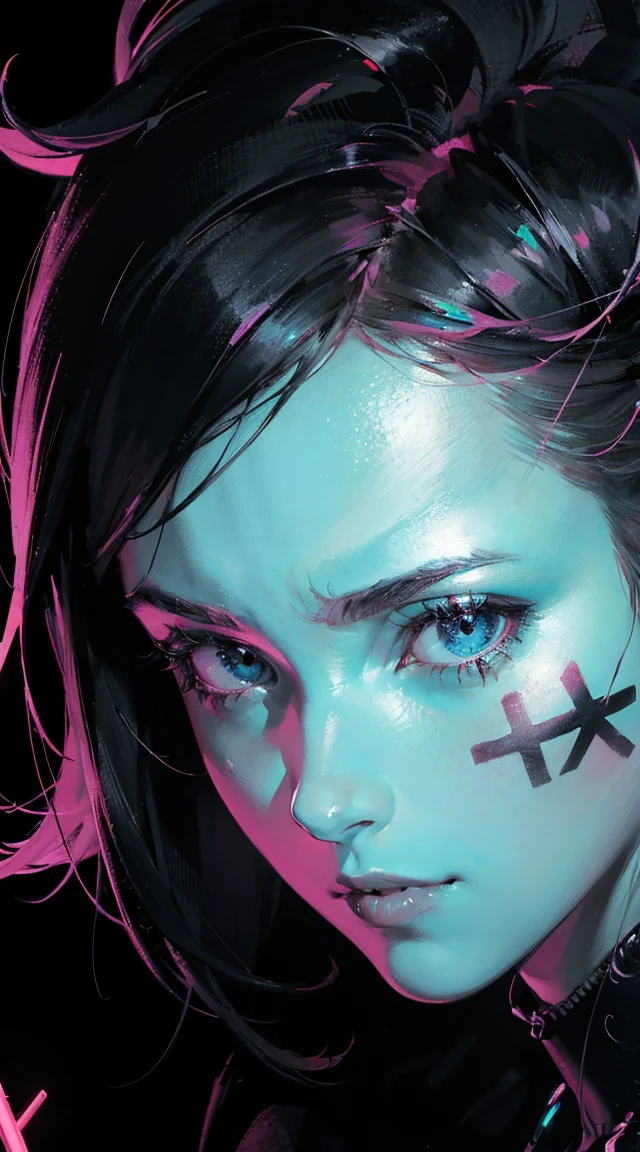 (Magazine Poster: 1.1) Beautiful Face, ultra realistic face, ahegao face, high detail face, provocative look, juri hair, night, black wall, dark background, behind view