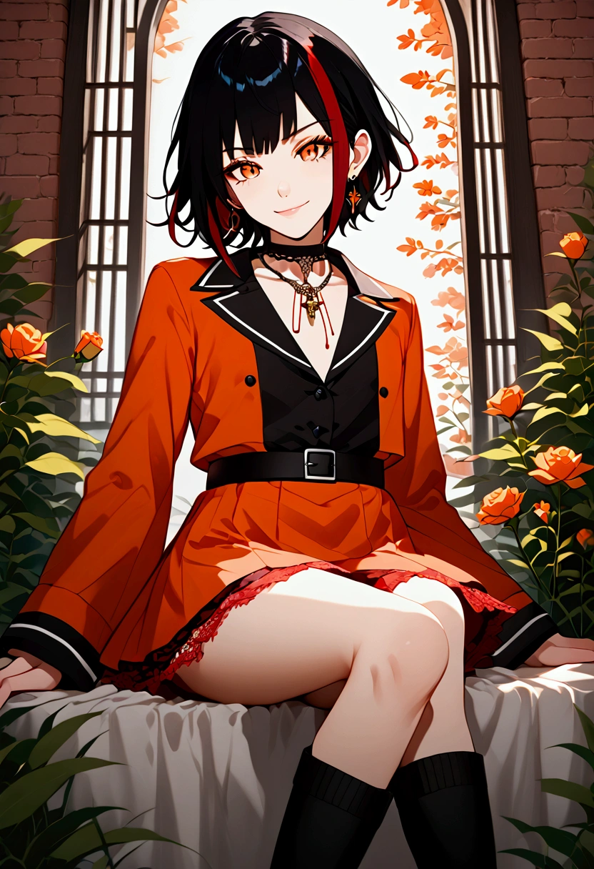 Androgynous femboy, black bob hair with red highlights, amber eyes, mole under the left eye, lined eyelashes, amused smile, slender body, flat chest, earrings in the ears, red nails, black choker, orange prison overcoat, red lace blouse, red short skirt, black 3/4 socks, black boots with heels, crossdressing, crossed legs, holding a flower, anime style.