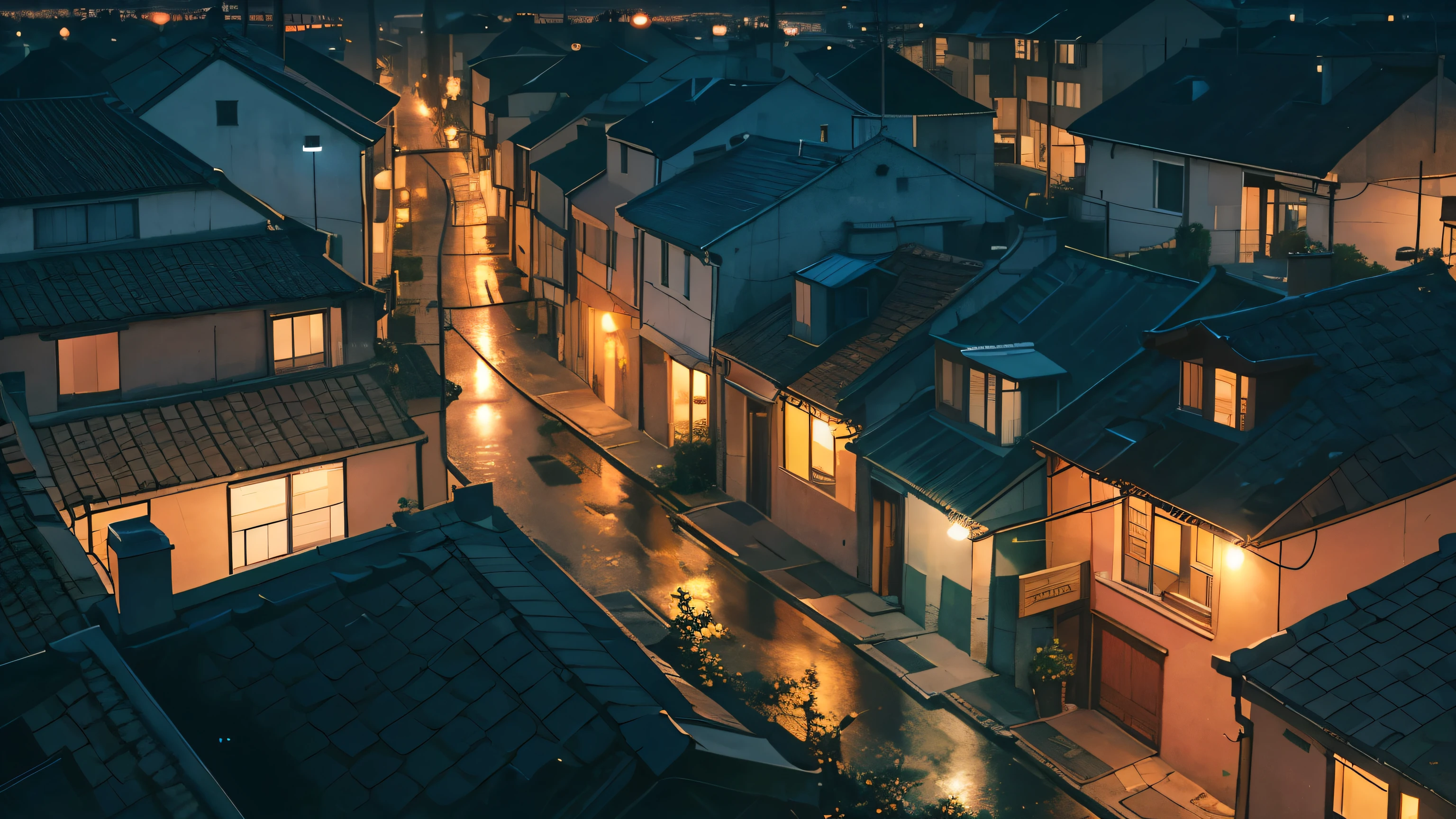 distant aerial panoramic view of an inland city, narrow streets and very ugly houses packed together , small houses, And dimly lit 2000s air with an urban footprint