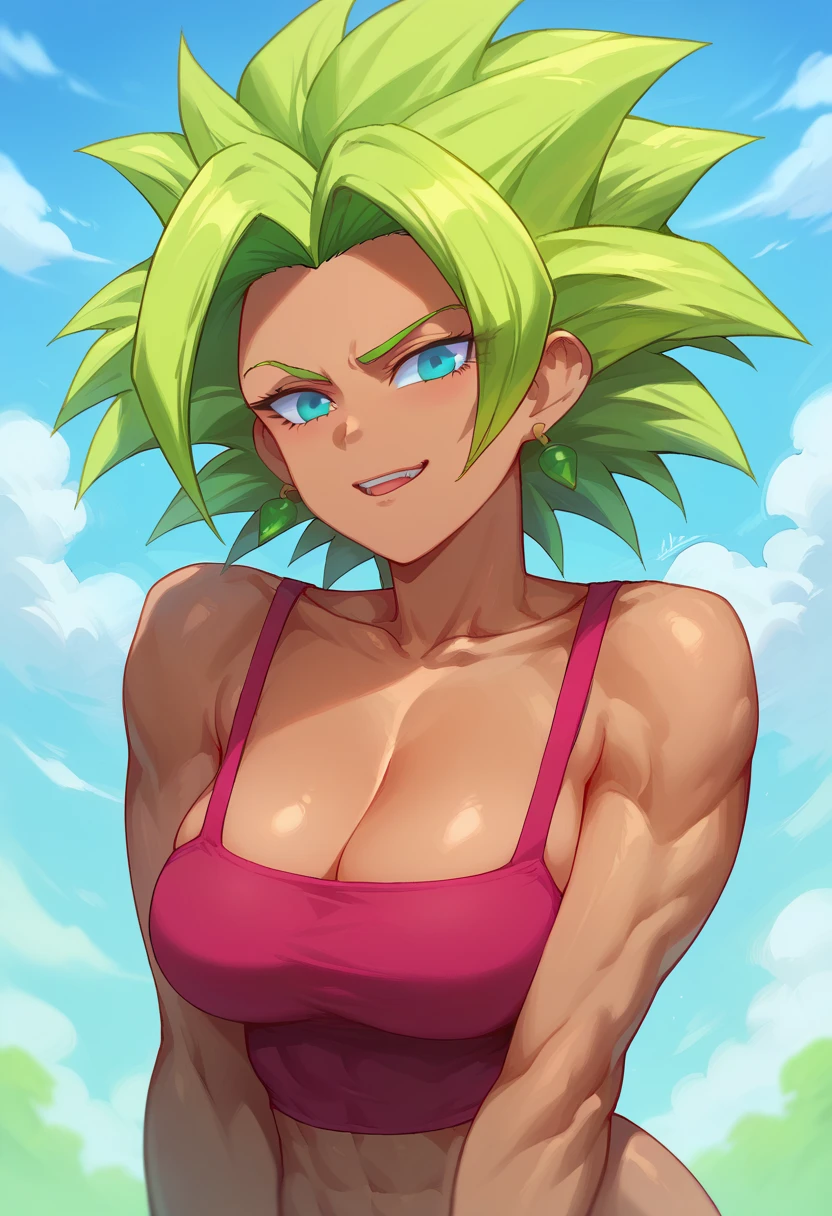 Create Kefla with extravagant breasts that stand out from all over her body in a tight short bikini that highlights her breasts and in super sayayin 4