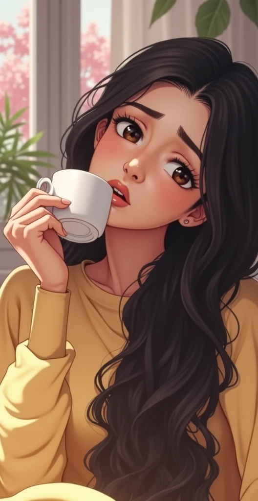 A girl with a dark green blouse and blue jeans with shoulder-length brown hair and green eyes holds a glass of chocolate cocktail. 2d pencil drawing and color drawing (as if drawn by a beginner in drawing. A drawing in the form of a small and finished sketch)