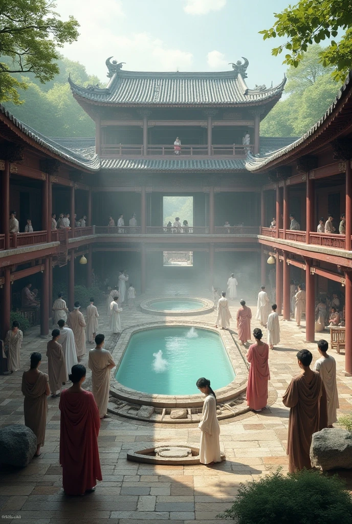2D ink painting style A group of children wearing Hanfu are visiting Penglai Pavilion in Shandong, China