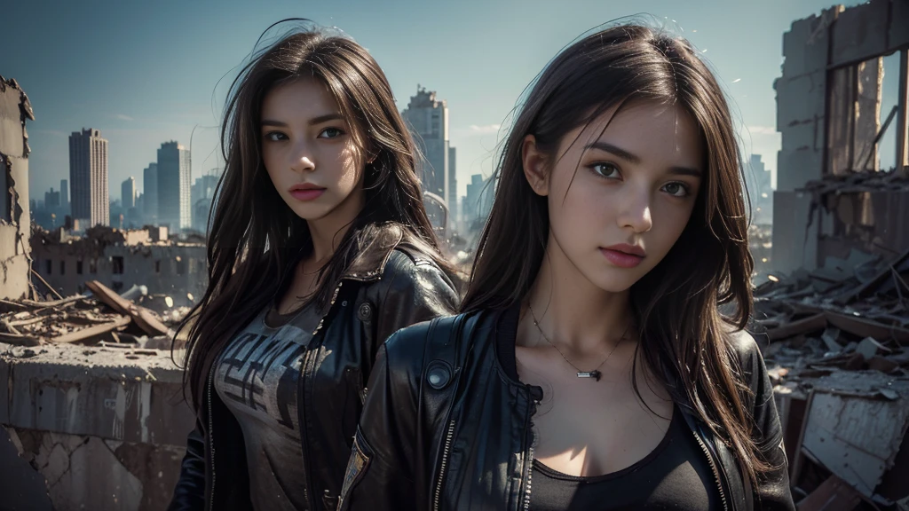 ((masterpiece, best quality, Highest image quality, high resolution, Reality, RAW photos, 8K)), Future city ruins，Huge humanoid，standing on top of the building，Beautiful girl，Tight leather jacket，Off-shoulder，Large Breasts，Long hair，Pretty face，Closed mouth，dramatic，Mid-range portrait，midnight
