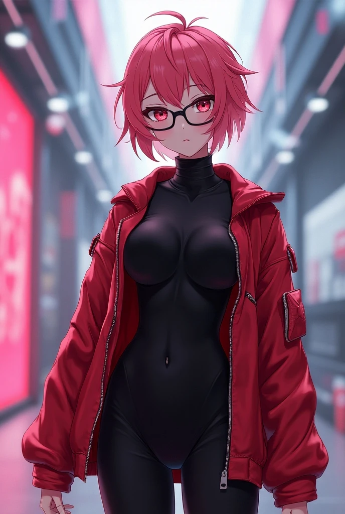 girl,bobcut,red hair,asymmetric bangs,rounded glasses,cigarettes,sharp eye,red eye,leather tight dress,jeans pants,