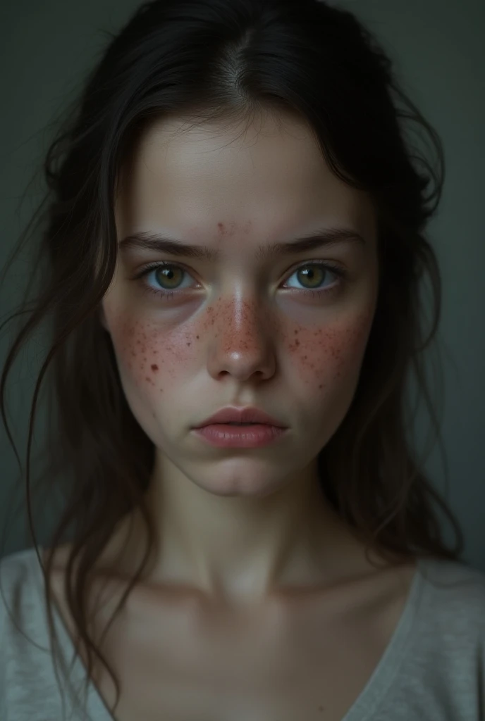 Book cover, 19 year old girl with long, semi-wavy hair, brown eyes and freckles on the cheeks and nose, 
