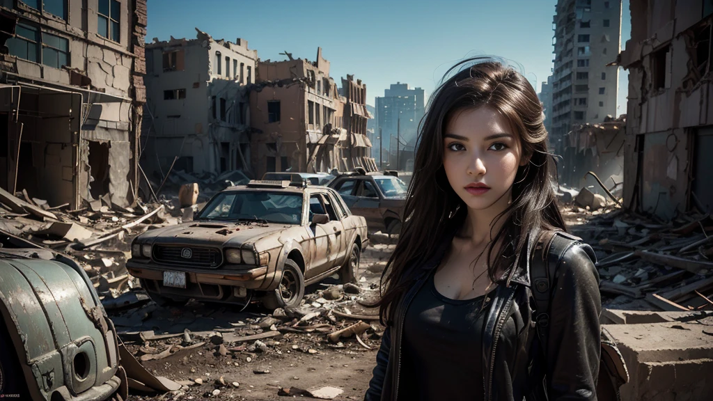 masterpiece, High Res,8K,(Portrait Photos:1.5),(R Original Photo),Reality,Digital Photography,(Apocalyptic ruins ),City ruins，beautiful 20 year old woman，sentry， post-apocalyptic scene，Close-range photography， broken clothes