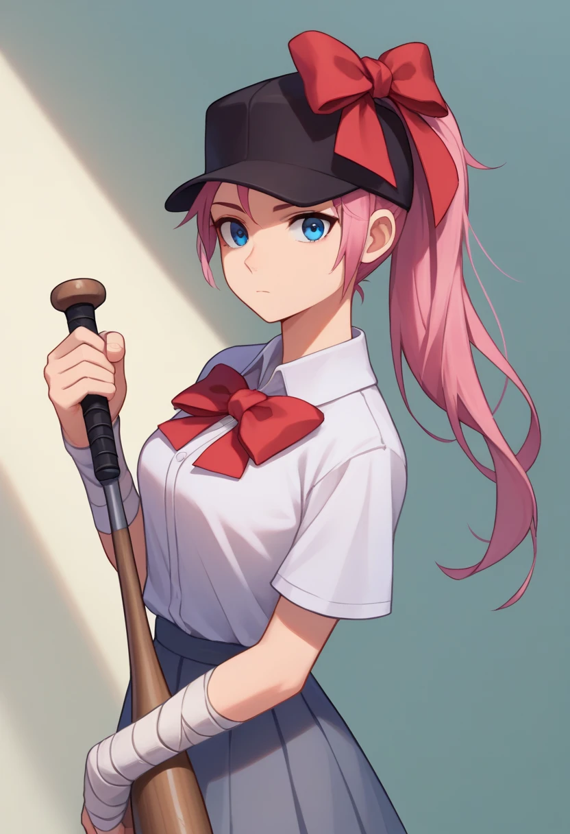 score_9, score_8_up, score_7_up, source_anime, solo, 1girl, femscout, expressionless, long pink hair tied back, blue eyes, looking at viewer, holding baseball bat, ponytail, baseball cap, hat bow, red bow, white shirt and a grey skirt, skirt, bandaged arm 