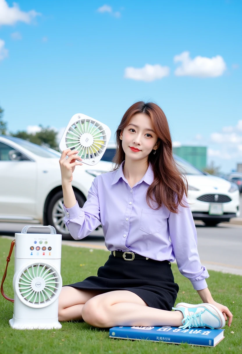 "A young Asian woman poses beautifully with long brown hair, wearing a light purple button-down short-sleeved shirt and a black skirt with a belt. She is sitting on the ground with her legs crossed. In her left hand, she holds a small, portable square fan with a white plastic casing. The fan has a circular grill with a fine, closely spaced grid covering the front, three large fan blades inside, and a row of small circular buttons on top with LED indicators above each. There’s a clear plastic compartment partially covering the top, and a brown carrying strap is attached. Her left foot is resting on a blue book, while her right foot, adorned with light blue and white sneakers, rests on the grass. In the background, a white car is parked on the side of the road, and a parking lot is visible. The sky is a bright blue with a few white clouds, adding a pop of color to the scene."