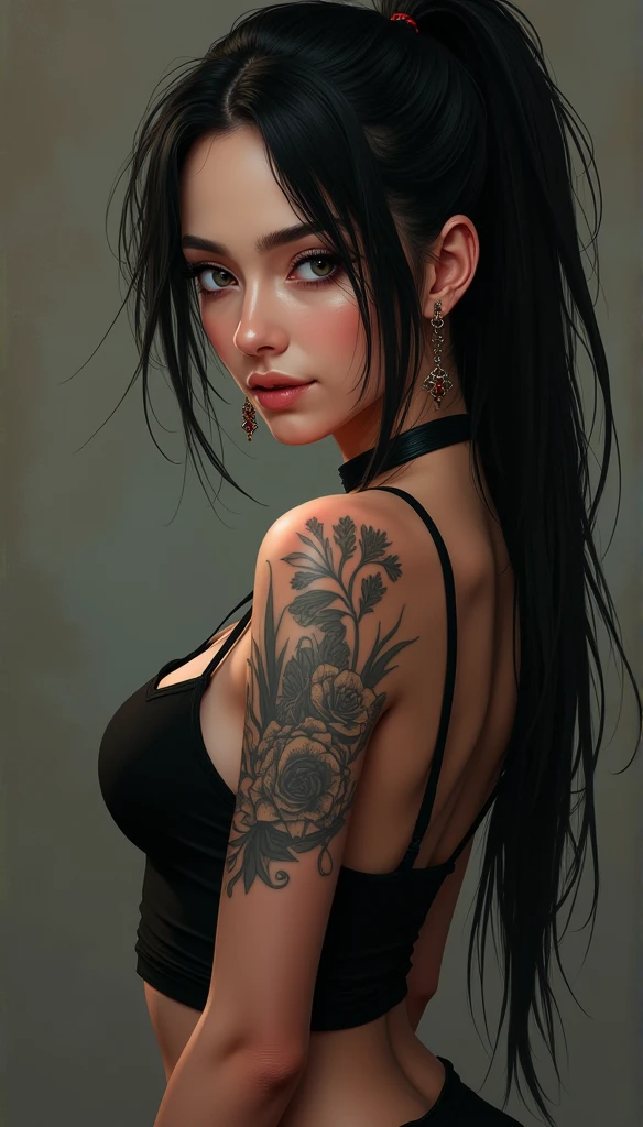 Arafedka with a tattoo on her arm and chest, tattoo sleeve on her right arm, beautiful detailed body and face, sleeve tattoo photo, Big breasts
