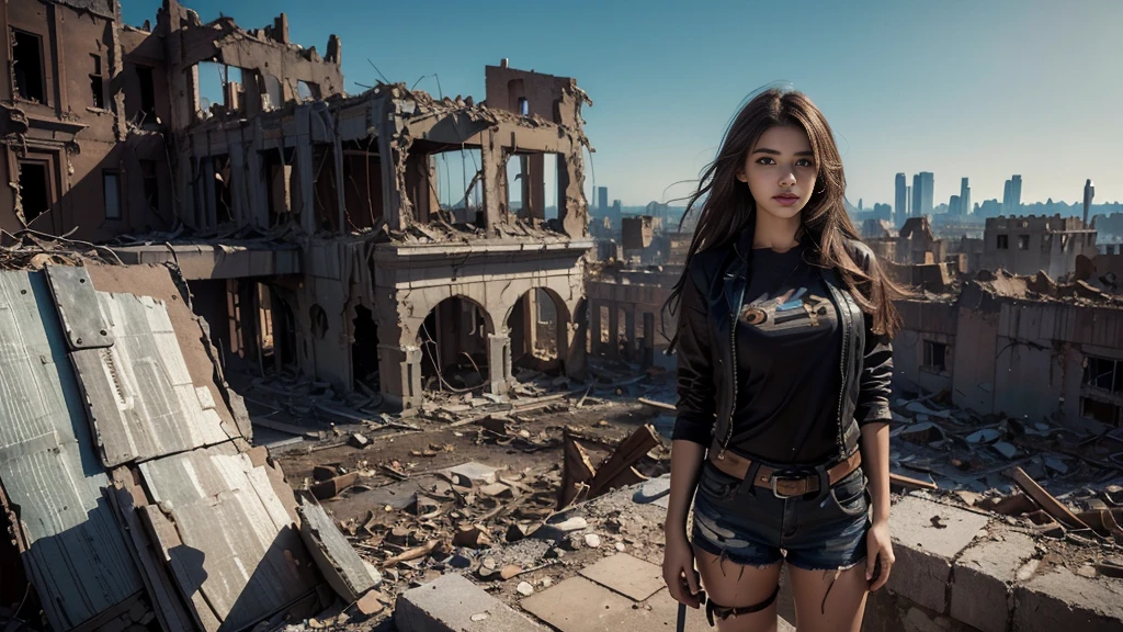 masterpiece, High Res,8K,(Portrait Photos:1.5),(R Original Photo),Reality,Digital Photography,(Apocalyptic ruins ),City ruins，beautiful 20 year old woman，sentry， post-apocalyptic scene，Close-range photography， broken clothes