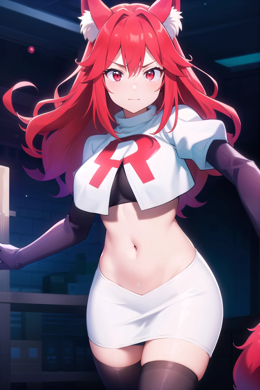 masterpiece, perfect lighting, (beautiful, best quality:1.3), perfect eyes, absurdres, 8k,
1girl, solo, (absurdres), finely detail,
flay_strongest, long hair, wolf ears, , wolf girl, red eyes, red hair,
team rocket,team rocket uniform,white skirt,red letter R,crop top,black thigh-highs,black elbow gloves, navel,