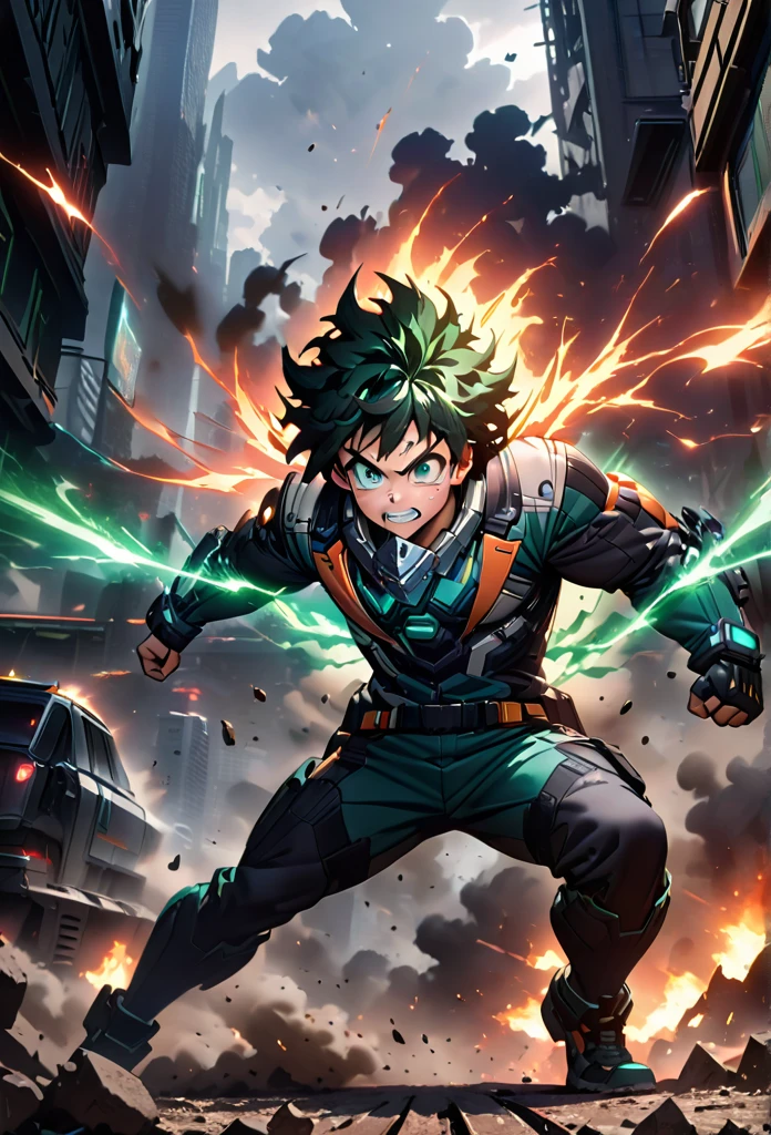 Izuku Midoriya Unleashing a Detroit Smash
“Izuku Midoriya unleashing a powerful Detroit Smash, with a massive shockwave radiating from his fist, sending cracks through the ground. His expression is fierce, teeth gritted, with veins visible on his arms as he channels One For All. Each detail of his suit is sharp, with slight motion blur to emphasize speed and power. Background is filled with flying debris and dust clouds from the impact. Rendered in ultra-high-definition, octane, capturing explosive energy and detail.”, futuristic hero costume, full body, detailed facial features, muscular body, dynamic pose, action scene, cinematic lighting, vibrant colors, digital art, 8k, photorealistic, highly detailed and unrealistic engine, studio lighting, futiristic neon city, futuristic cyberpunk scenery