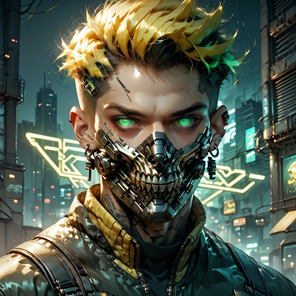 cyborg, 1_man_cyberpunk_2077, Barghest , neon yellow and black techwear, bulky dude in a post apocalyptic las vegas, neon yellow punk hair, wearing a mouthmask, neongreen glowing eyes
