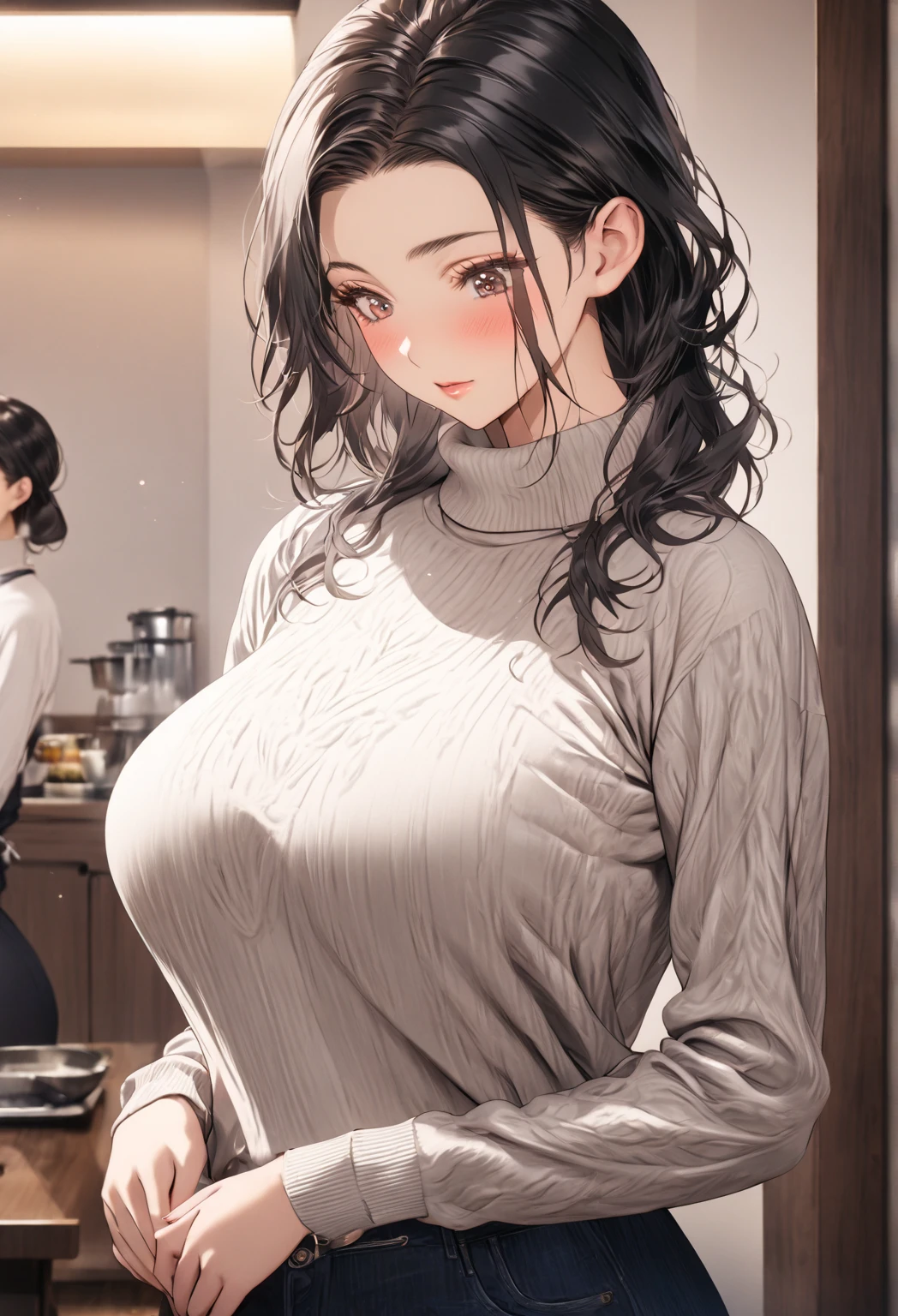 ((highest quality)), ((masterpiece)), (detailed), (one girl), sexy, shiny skin, glossy skin, height 168cm, bust 120cm, medium size breast, housewife, black hair, A mother with warm eyes, Looking down with gentle eyes, Wearing turtle neck sweater, pant, Indoor scene, 