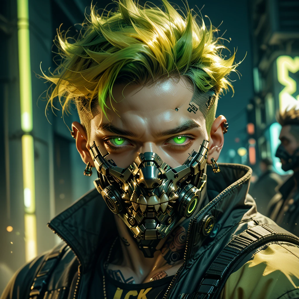 cyborg, 1_man_cyberpunk_2077, Barghest , neon yellow and black techwear, bulky dude in a post apocalyptic las vegas, neon yellow punk hair, wearing a mouthmask, neongreen glowing eyes
