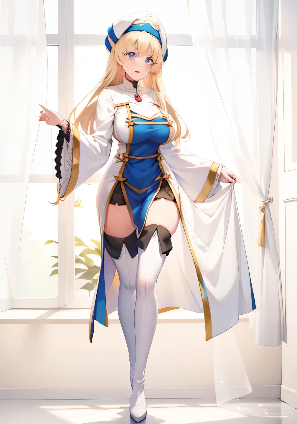 (beautiful, Huge_breast:1.3), ( making the face subjective :1.4)
((Priestess:1.3, Long Hair , have , long sleeve , dress,Thigh length, white headwear, knee-high boots, wide sleeve , white Thigh length, Priestess, Long Hair , have , long sleeve , dress,Thigh length, white headwear, knee-high boots, wide sleeve , white Thigh length, Priestess, Long Hair , have , long sleeve , dress,Thigh length, white headwear, knee-high boots, wide sleeve , white Thigh length, Priestess, Long Hair , have , long sleeve , dress,Thigh length, white headwear, knee-high boots, wide sleeve , white Thigh length))
(day:1.7), In a room with curtains ,indoor, standing in the spotlight ,
1 girl, 20 years old, young woman ,beautiful Finger, beautiful long legs ,beautiful body ,beautiful Nose ,beautiful character design, Perfect Eyes, perfect face,
viewers from below, It's in the center of the image ,
OFFICIAL ART, Extremely Detailed CG Unity 8K Wallpaper, full light, colorful , bright _Front_face_Fascinating visuals of the work Light :1.0),(Highest_quality:1.0), 超 Hi-Res,4K,Super detailed,
photo shoot, 8k, Hi-Res, Hi-Res, absurd:1.2, Kodak Portra 400, Film Grain , blurry background, Bokeh:1.2, lens flare , ( lively_color:1.2)
, (beautiful_face:1.5),(narrow_Waist), (beautiful,Huge_breast:1.3)