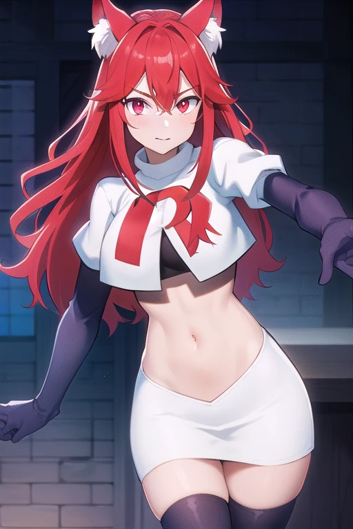 masterpiece, perfect lighting, (beautiful, best quality:1.3), perfect eyes, absurdres, 8k,
1girl, solo, (absurdres), finely detail,
flay_strongest, long hair, wolf ears, , wolf girl, red eyes, red hair,
team rocket,team rocket uniform,white skirt,red letter R,crop top,black thigh-highs,black elbow gloves, navel,