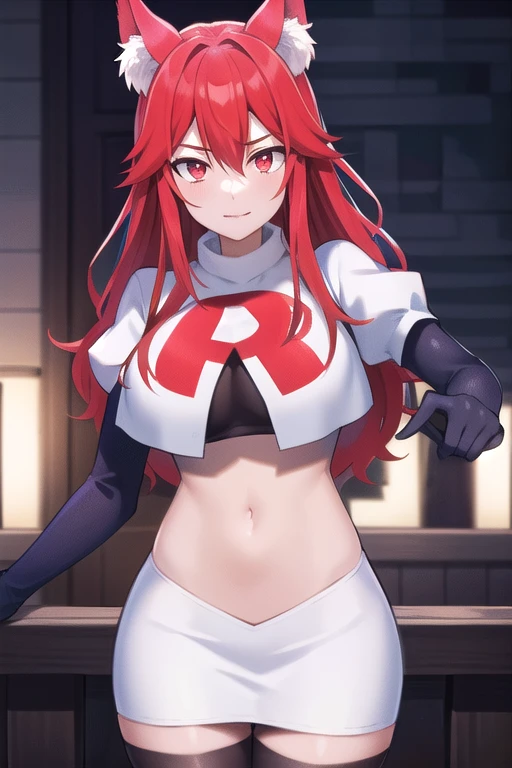 masterpiece, perfect lighting, (beautiful, best quality:1.3), perfect eyes, absurdres, 8k,
1girl, solo, (absurdres), finely detail,
flay_strongest, long hair, wolf ears, , wolf girl, red eyes, red hair,
team rocket,team rocket uniform,white skirt,red letter R,crop top,black thigh-highs,black elbow gloves, navel,