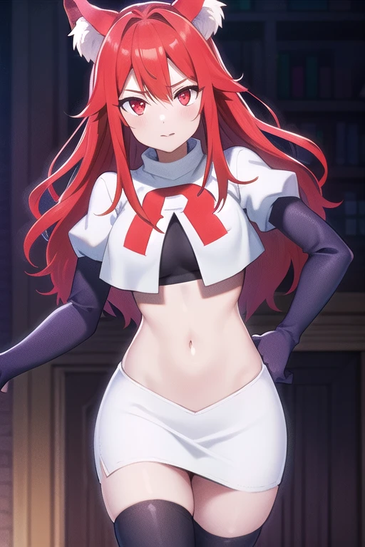 masterpiece, perfect lighting, (beautiful, best quality:1.3), perfect eyes, absurdres, 8k,
1girl, solo, (absurdres), finely detail,
flay_strongest, long hair, wolf ears, , wolf girl, red eyes, red hair,
team rocket,team rocket uniform,white skirt,red letter R,crop top,black thigh-highs,black elbow gloves, navel,