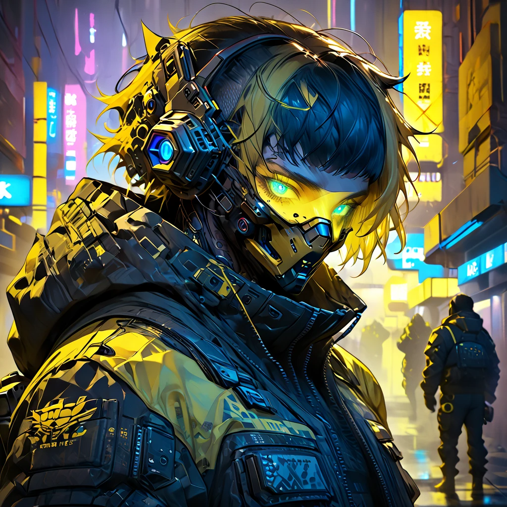 cyborg, 1_man_cyberpunk_2077, Barghest , neon yellow and black techwear, bulky dude in a post apocalyptic las vegas, neon yellow punk hair, wearing a mouthmask, neongreen glowing eyes
