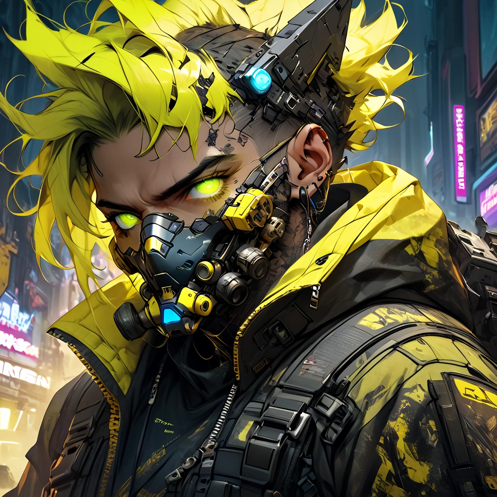 cyborg, 1_man_cyberpunk_2077, Barghest , neon yellow and black techwear, bulky dude in a post apocalyptic las vegas, neon yellow punk hair, wearing a mouthmask, neongreen glowing eyes
