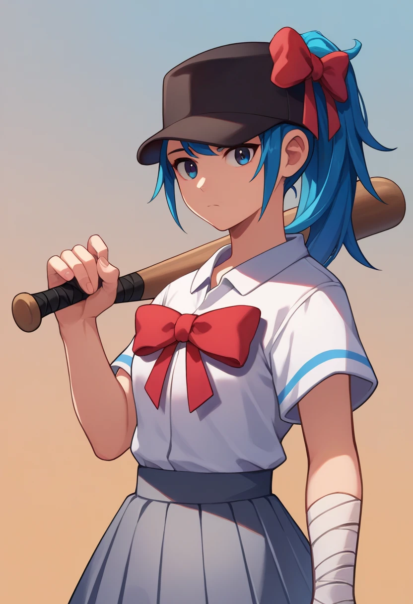 score_9, score_8_up, score_7_up, source_anime, solo, 1girl, femscout, expressionless, long blue hair straight bangs in two braids, looking at viewer, holding baseball bat, ponytail, baseball cap, hat bow, red bow, white shirt and grey skirt, skirt, bandaged arm 