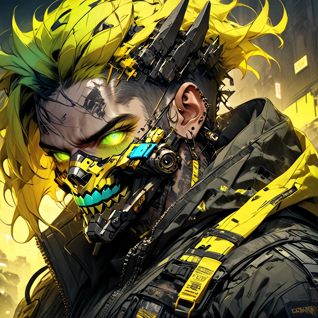 cyborg, 1_man_cyberpunk_2077, Barghest , neon yellow and black techwear, bulky dude in a post apocalyptic las vegas, neon yellow punk hair, wearing a mouthmask, neongreen glowing eyes
