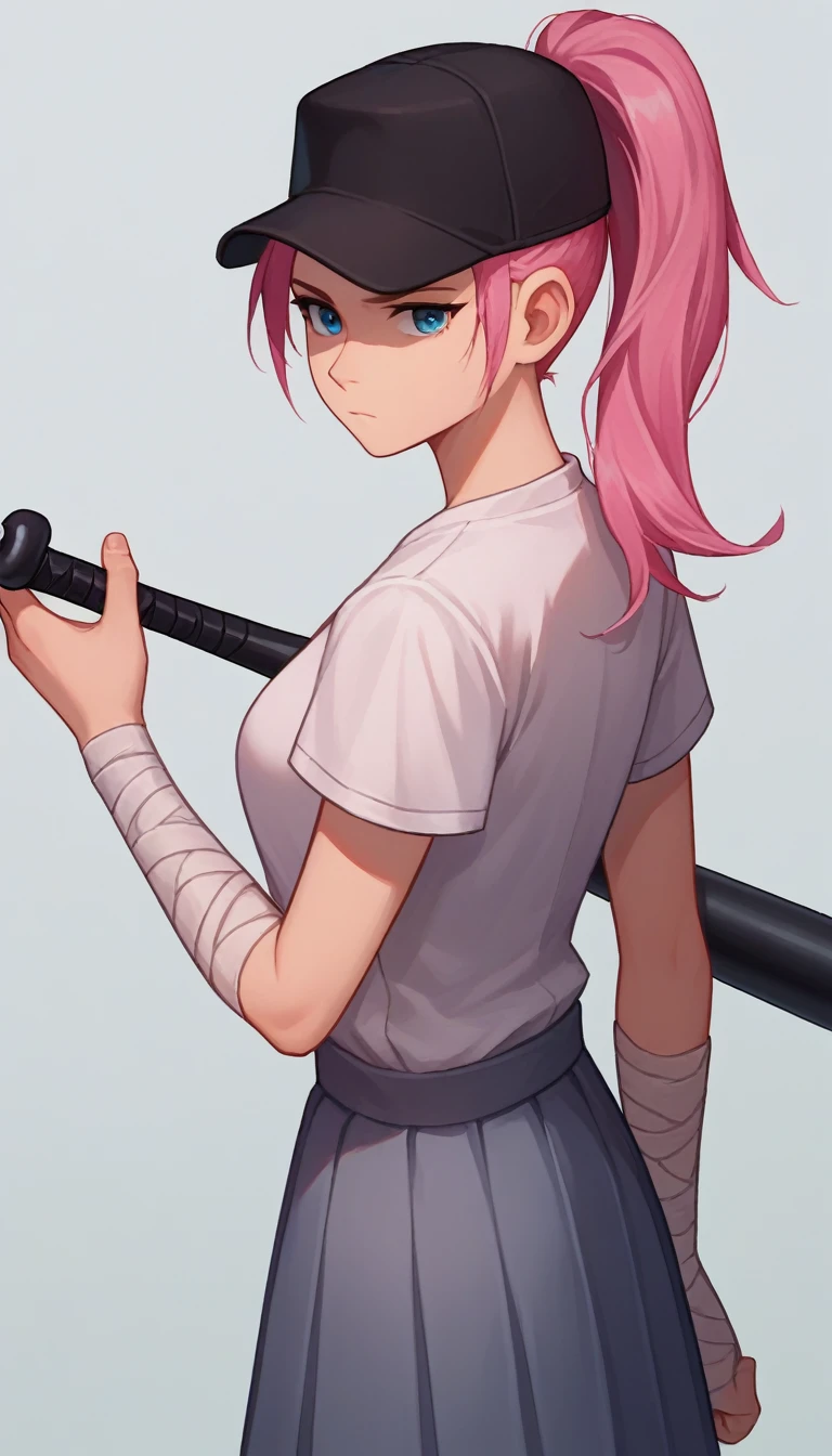 score_9, score_8_up, score_7_up, source_anime, solo, 1girl, femscout, expressionless, long pink hair tied back, blue eyes, looking at viewer, holding baseball bat, ponytail, baseball cap, white shirt and a grey skirt, skirt, bandaged arm 