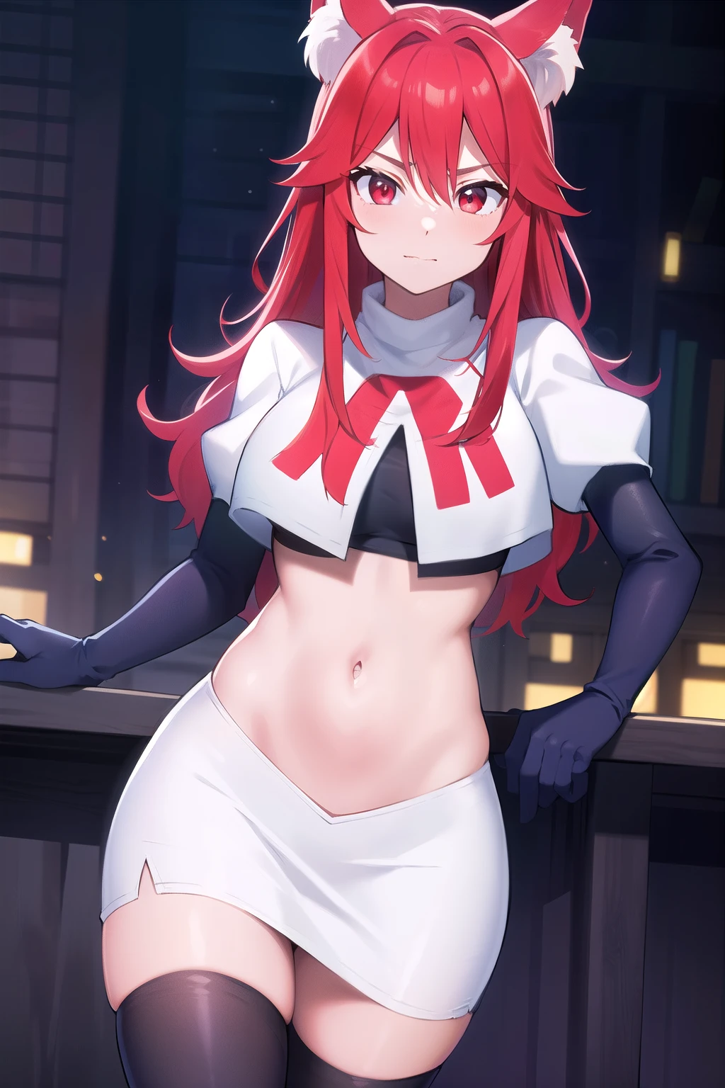 masterpiece, perfect lighting, (beautiful, best quality:1.3), perfect eyes, absurdres, 8k,
1girl, solo, (absurdres), finely detail,
flay_strongest, long hair, wolf ears, , wolf girl, red eyes, red hair,
team rocket,team rocket uniform,white skirt,red letter R,crop top,black thigh-highs,black elbow gloves, navel,