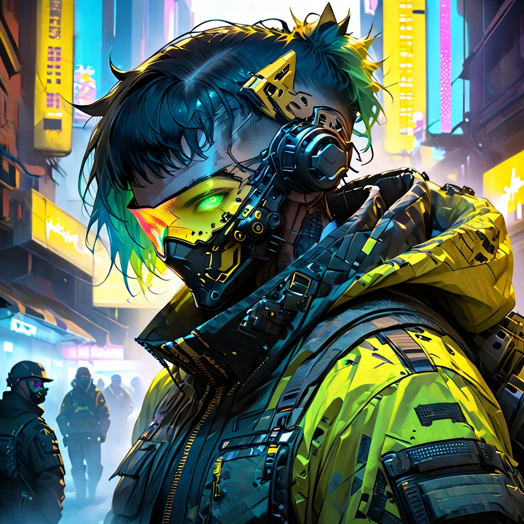 cyborg, 1_man_cyberpunk_2077, Barghest , neon yellow and black techwear, bulky dude in a post apocalyptic las vegas, neongreen punk hair, wearing a mouthmask, neongreen glowing eyes
