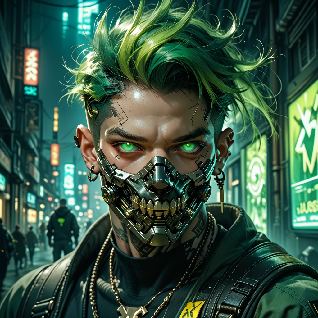 cyborg, 1_man_cyberpunk_2077, Barghest , neon yellow and black techwear, bulky dude in a post apocalyptic las vegas, neongreen punk hair, wearing a mouthmask, neongreen glowing eyes
