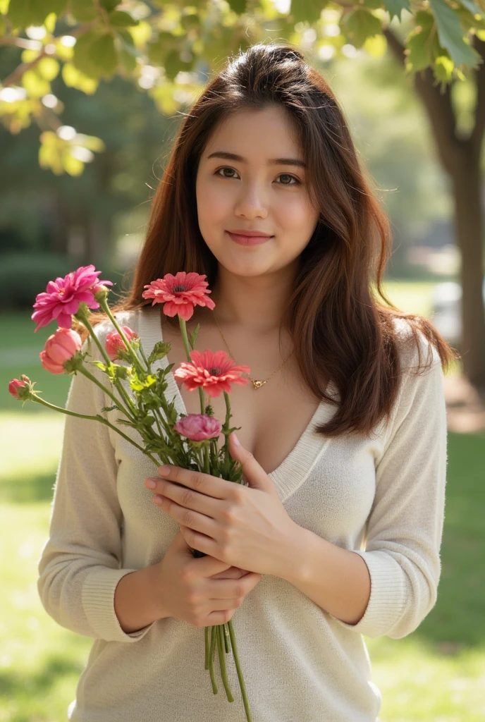 Curvy Asia Young girl, she has long hair, cute, she wears white sweaters.. She hugged the bouquet of flowers happily. The lighting in the image is a mix of natural light and shadows, creating a dappled effect. Sunlight filters through leaves, suggesting the image is taken outdoors.