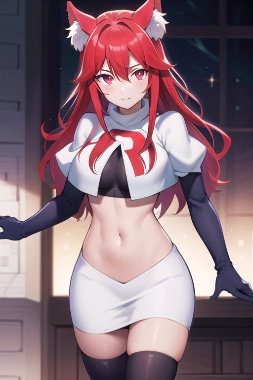 masterpiece, perfect lighting, (beautiful, best quality:1.3), perfect eyes, absurdres, 8k,
1girl, solo, (absurdres), finely detail,
flay_strongest, long hair, wolf ears, , wolf girl, red eyes, red hair,
team rocket,team rocket uniform,white skirt,red letter R,crop top,black thigh-highs,black elbow gloves, navel,