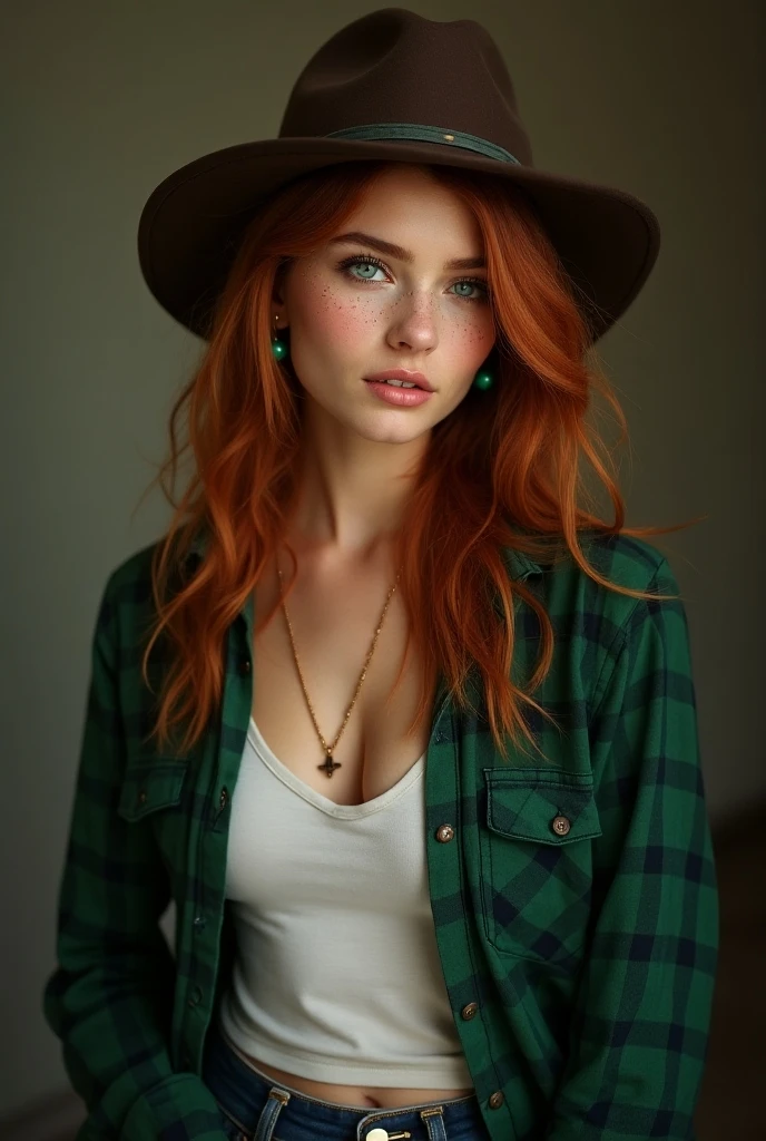 ultra realistic, photography, long red hair, girl, 24 years old, hourglass figure, perfect body, Flirty look, beautiful detailed woman, intricate and detailed face, long lush hair, soft lighting, photorealistic, high quality, cinematic, dramatic, warm color tones, natural breasts, facing the camera, Nikon z fx, lens 35 mm, blur background, on a farm, wearing a cowgirl outfit, cowboy hat, red checkered buttoned down shirt, jean shorts, cowboy boots