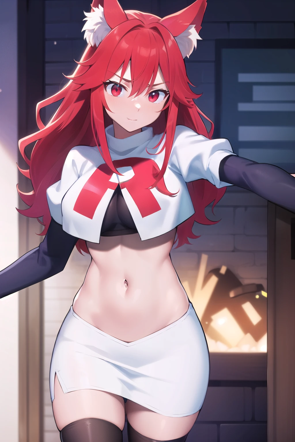 masterpiece, perfect lighting, (beautiful, best quality:1.3), perfect eyes, absurdres, 8k,
1girl, solo, (absurdres), finely detail,
flay_strongest, long hair, wolf ears, , wolf girl, red eyes, red hair,
team rocket,team rocket uniform,white skirt,red letter R,crop top,black thigh-highs,black elbow gloves, navel,