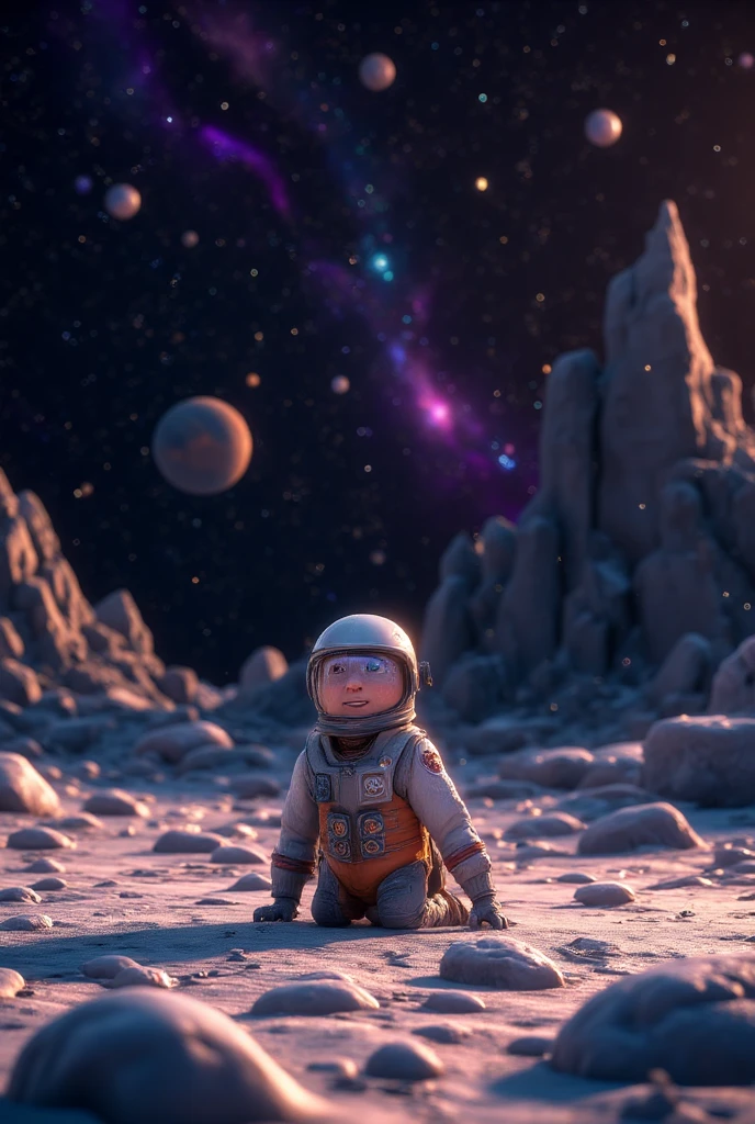 Um homenzinho com um capacete, renderizado em 3D, it's a boy, Wandering in space, ao lado de uma nave espacial, pode ver a terra e o sol,8k