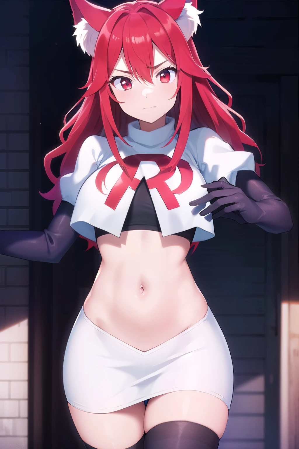 masterpiece, perfect lighting, (beautiful, best quality:1.3), perfect eyes, absurdres, 8k,
1girl, solo, (absurdres), finely detail,
flay_strongest, long hair, wolf ears, , wolf girl, red eyes, red hair,
team rocket,team rocket uniform,white skirt,red letter R,crop top,black thigh-highs,black elbow gloves, navel,