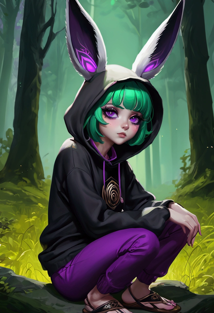 masterpiece,(best quality,top quality,8k),ultra detailed,painting,detailed eyes and face,(1girl),VexLoLXL,(sad face), yordle, shortstack, pink eyes, green hair, bangs, short hair, grey skin, colored skin, black hood, hood up, ears through headwear, white animal ears, black shirt, purple collar, golden ornament, long sleeves, sleeves past wrists, purple pants, sandals,sitting, looking at viewer, forest,night