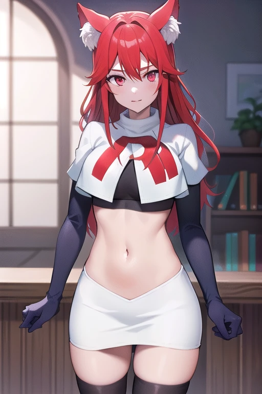 masterpiece, perfect lighting, (beautiful, best quality:1.3), perfect eyes, absurdres, 8k,
1girl, solo, (absurdres), finely detail,
flay_strongest, long hair, wolf ears, , wolf girl, red eyes, red hair,
team rocket,team rocket uniform,white skirt,red letter R,crop top,black thigh-highs,black elbow gloves, navel,