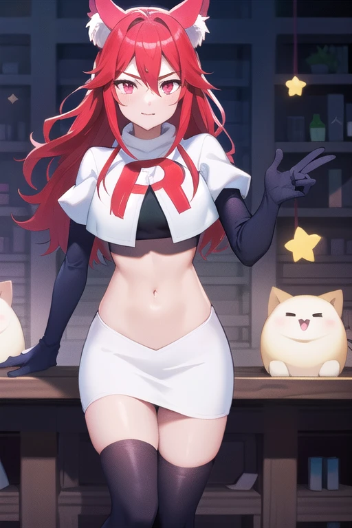 masterpiece, perfect lighting, (beautiful, best quality:1.3), perfect eyes, absurdres, 8k,
1girl, solo, (absurdres), finely detail,
flay_strongest, long hair, wolf ears, , wolf girl, red eyes, red hair,
team rocket,team rocket uniform,white skirt,red letter R,crop top,black thigh-highs,black elbow gloves, navel,