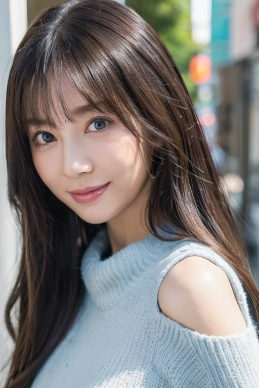 masutepiece, Best Quality, Illustration, Ultra-detailed, finely detail, hight resolution, 8K Wallpaper, Perfect dynamic composition, Beautiful detailed eyes,Straight hair,,Natural Color Lip, Bold sexy poses,Smile,Shibuya、20 years girl、Cute、Sexy shot looking at camera、Posing as a fashion gravure model、Hair tossed in the wind,Long Sleeve Sweater Dress,slender face,slender body,Raw photo