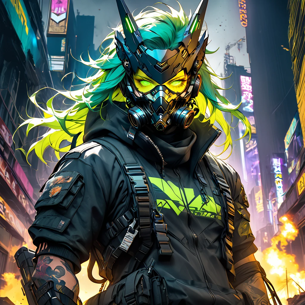 cyborg, 1_man_cyberpunk_2077, barghest, neon yellow and black techwear, burning post apocalyptic las vegas backdrop, neongreen punk hair, wearing a mouthmask, neongreen glowing eyes, tattoos on lower arms
