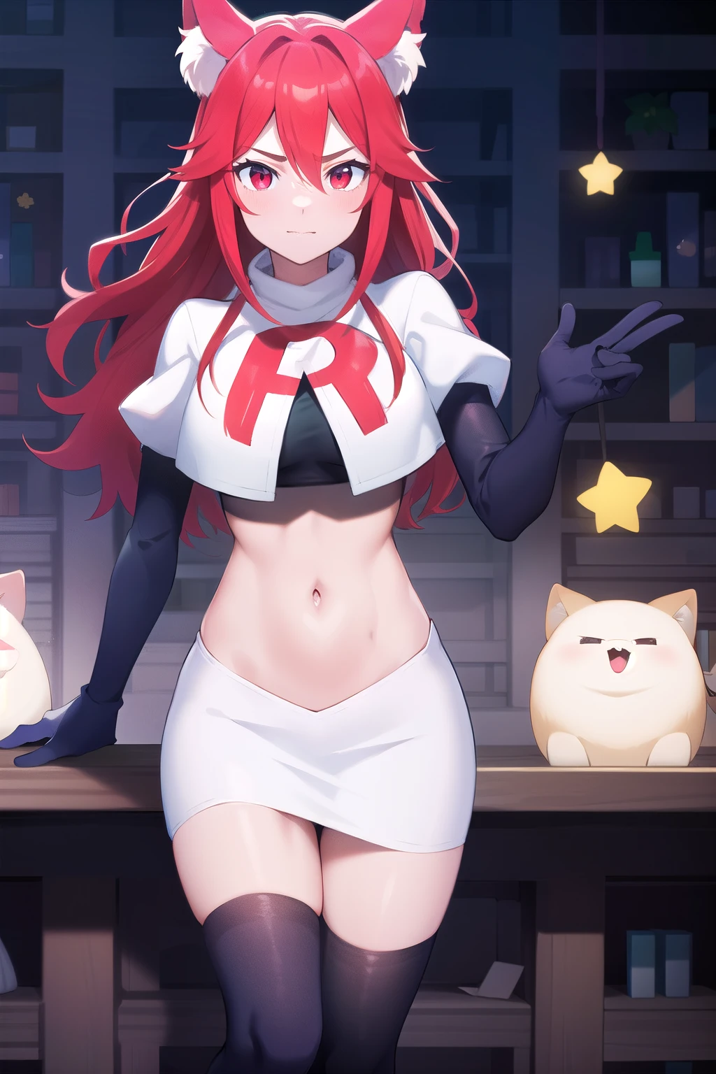 masterpiece, perfect lighting, (beautiful, best quality:1.3), perfect eyes, absurdres, 8k,
1girl, solo, (absurdres), finely detail,
flay_strongest, long hair, wolf ears, , wolf girl, red eyes, red hair,
team rocket,team rocket uniform,white skirt,red letter R,crop top,black thigh-highs,black elbow gloves, navel,