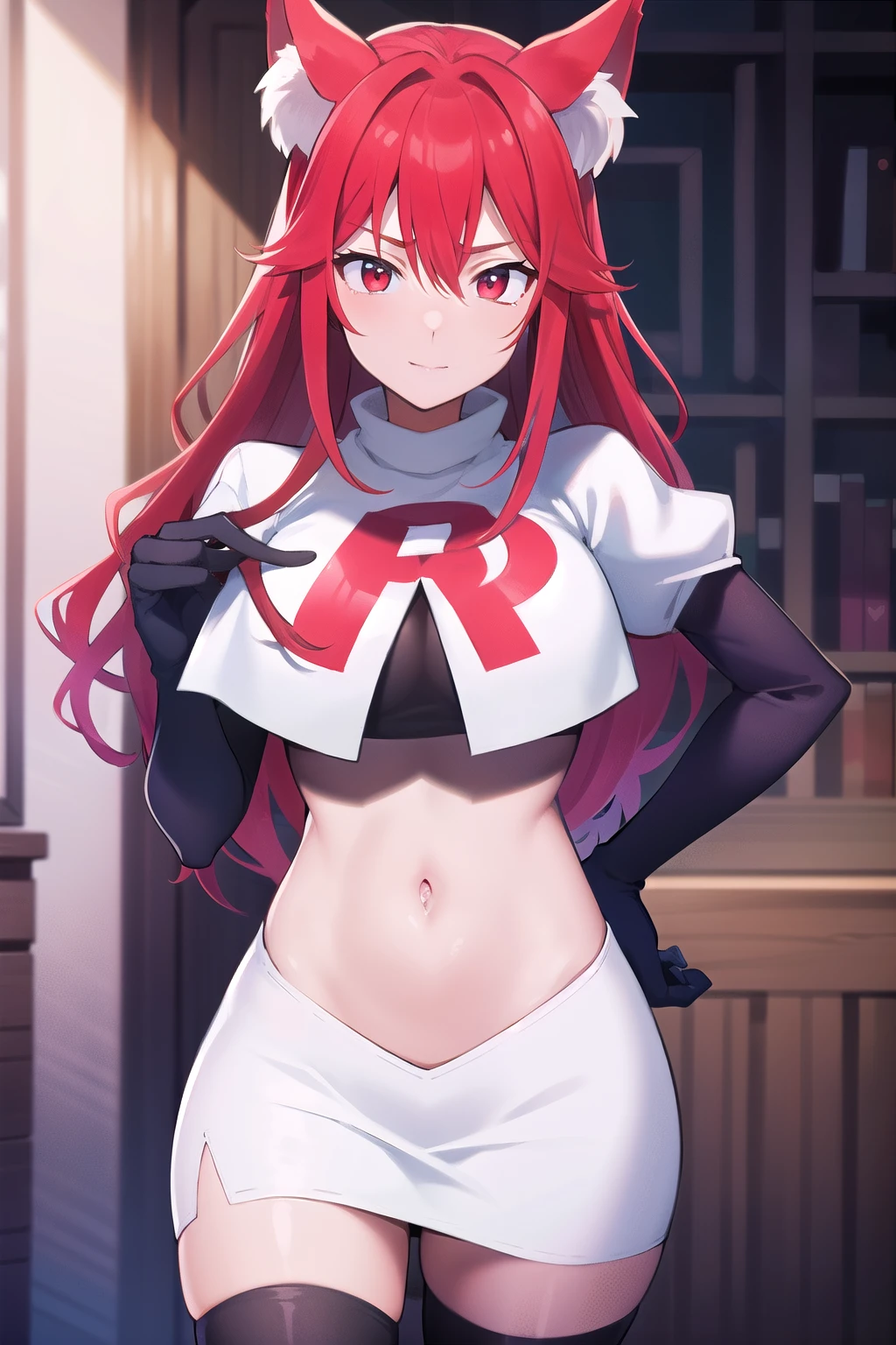 masterpiece, perfect lighting, (beautiful, best quality:1.3), perfect eyes, absurdres, 8k,
1girl, solo, (absurdres), finely detail,
flay_strongest, long hair, wolf ears, , wolf girl, red eyes, red hair,
team rocket,team rocket uniform,white skirt,red letter R,crop top,black thigh-highs,black elbow gloves, navel,