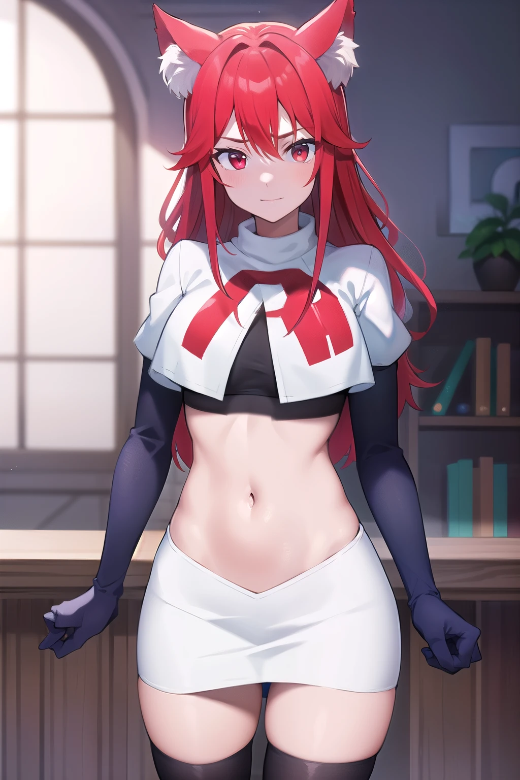 masterpiece, perfect lighting, (beautiful, best quality:1.3), perfect eyes, absurdres, 8k,
1girl, solo, (absurdres), finely detail,
flay_strongest, long hair, wolf ears, , wolf girl, red eyes, red hair,
team rocket,team rocket uniform,white skirt,red letter R,crop top,black thigh-highs,black elbow gloves, navel,