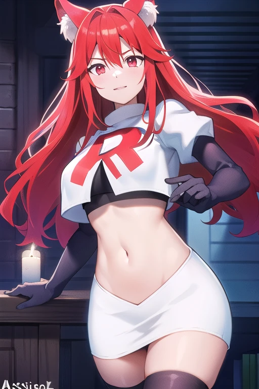 masterpiece, perfect lighting, (beautiful, best quality:1.3), perfect eyes, absurdres, 8k,
1girl, solo, (absurdres), finely detail,
flay_strongest, long hair, wolf ears, , wolf girl, red eyes, red hair,
team rocket,team rocket uniform,white skirt,red letter R,crop top,black thigh-highs,black elbow gloves, navel,