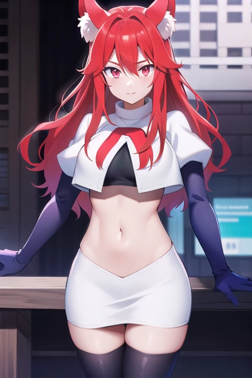 masterpiece, perfect lighting, (beautiful, best quality:1.3), perfect eyes, absurdres, 8k,
1girl, solo, (absurdres), finely detail,
flay_strongest, long hair, wolf ears, , wolf girl, red eyes, red hair,
team rocket,team rocket uniform,white skirt,red letter R,crop top,black thigh-highs,black elbow gloves, navel,