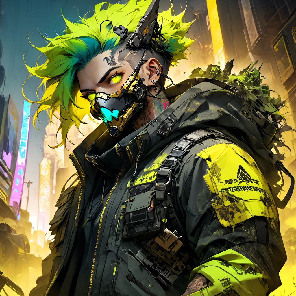 cyborg, 1_man_cyberpunk_2077, barghest, neon yellow and black techwear, burning post apocalyptic las vegas backdrop, neongreen punk hair, wearing a golden skullmask, neongreen glowing eyes, tattoos on lower arms
