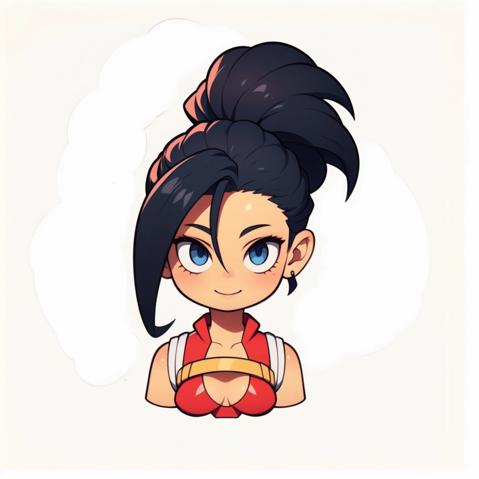 
yaoyorozu momo, red leotard, center opening, collarbone, cleavage, long hair, blue eyes, black hair, 1girl , happy, smiling, female focus, uhd, 4k, face detail, eyes detail, only_head, head_only, white background, solo, kawaii, chibi, upper body, bare shoulders, circle frame, MOMO MHA, YAOYOROZU MOMO, AGGA_ST009
