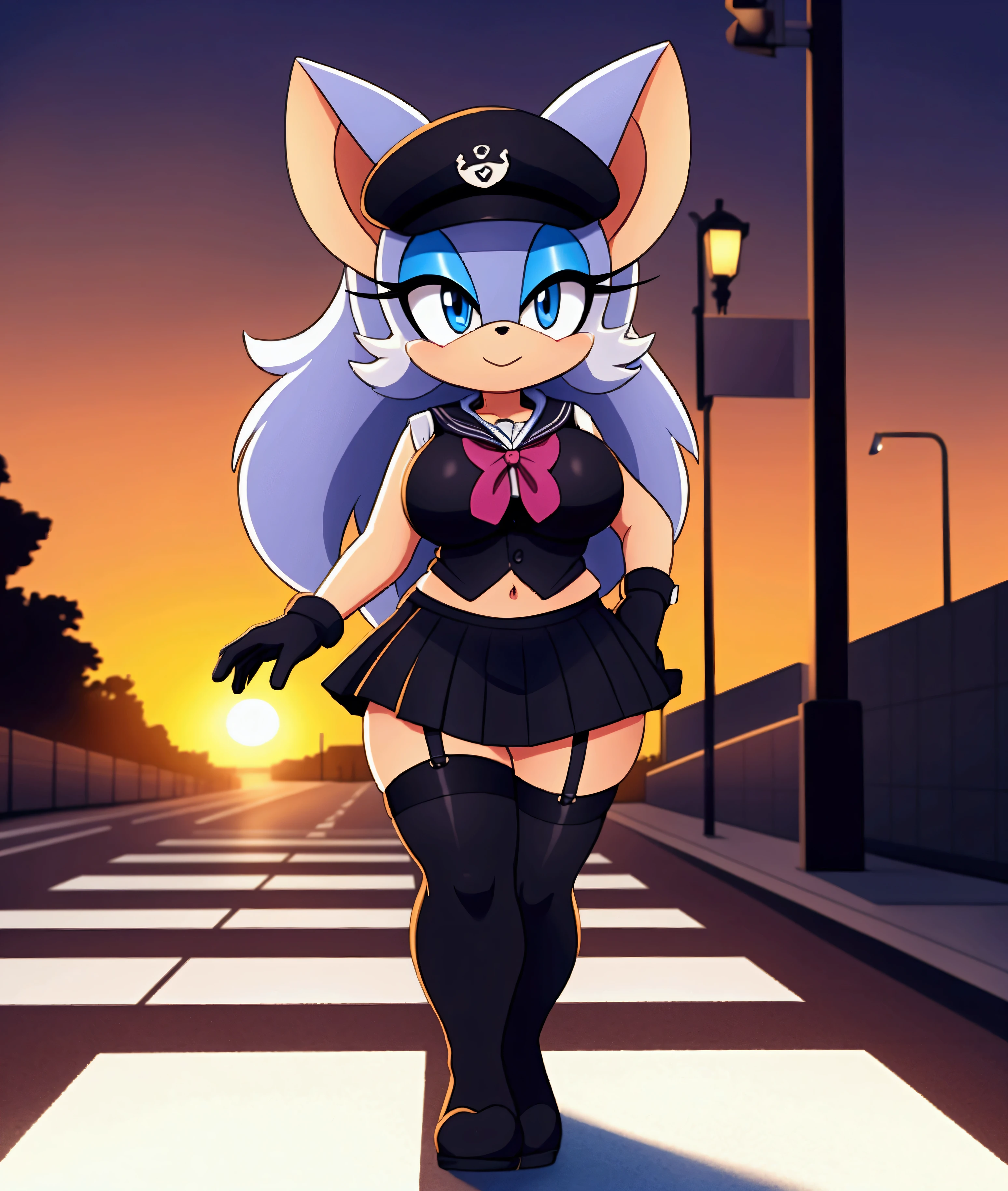 Rouge the bat, blue eyes ,schoolgirl vest, sailor hat , long hair ,,schoolgirl skirt, black stockings with straps,,  black gloves , small hips , large breasts,small hip,  Big Thighs,   walking on the street ,at a pedestrian crossing, at sunset  